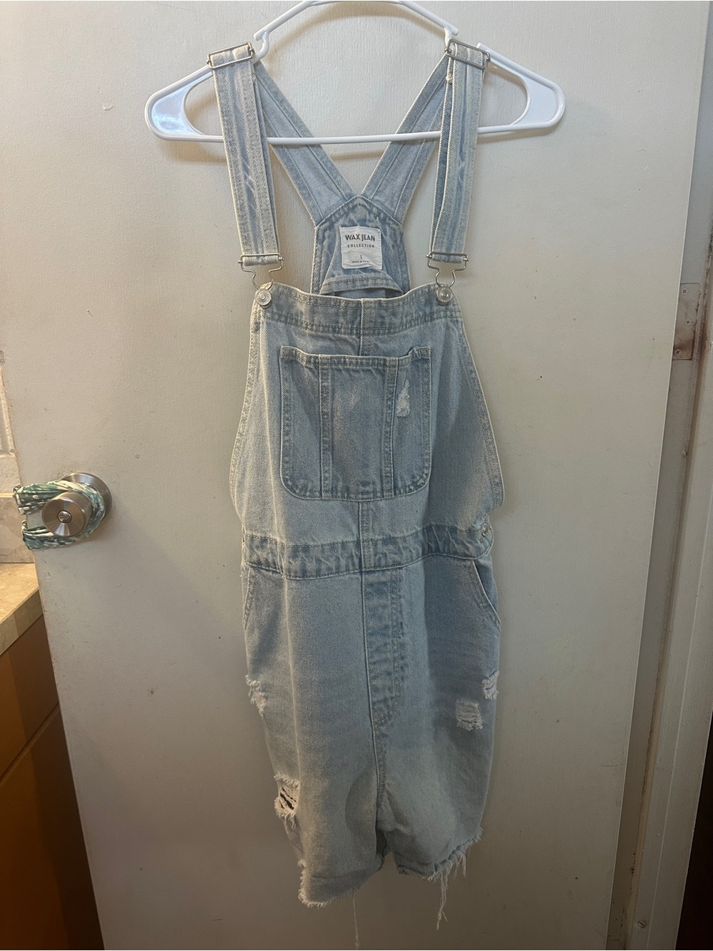 Wax Jean  Light Wash Denim Overalls with Distressed Details - Light Blue